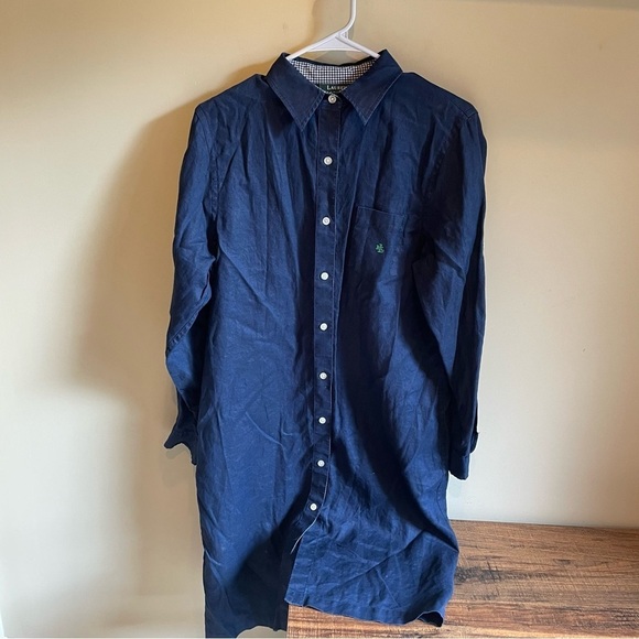 Lauren Ralph Lauren Dresses & Skirts - Lauren Ralph Lauren 100% Linen Long Sleeve Button Down Tie Navy Shirt Dress